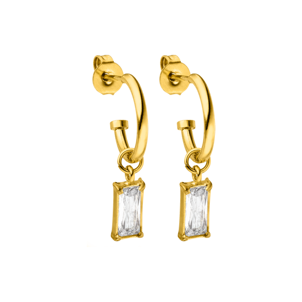 PURELEI Shine Bright Ohrringe aus 18K vergoldetem Edelstahl mit weißen Zirkonia-Anhängern, elegant und zeitlos chic.