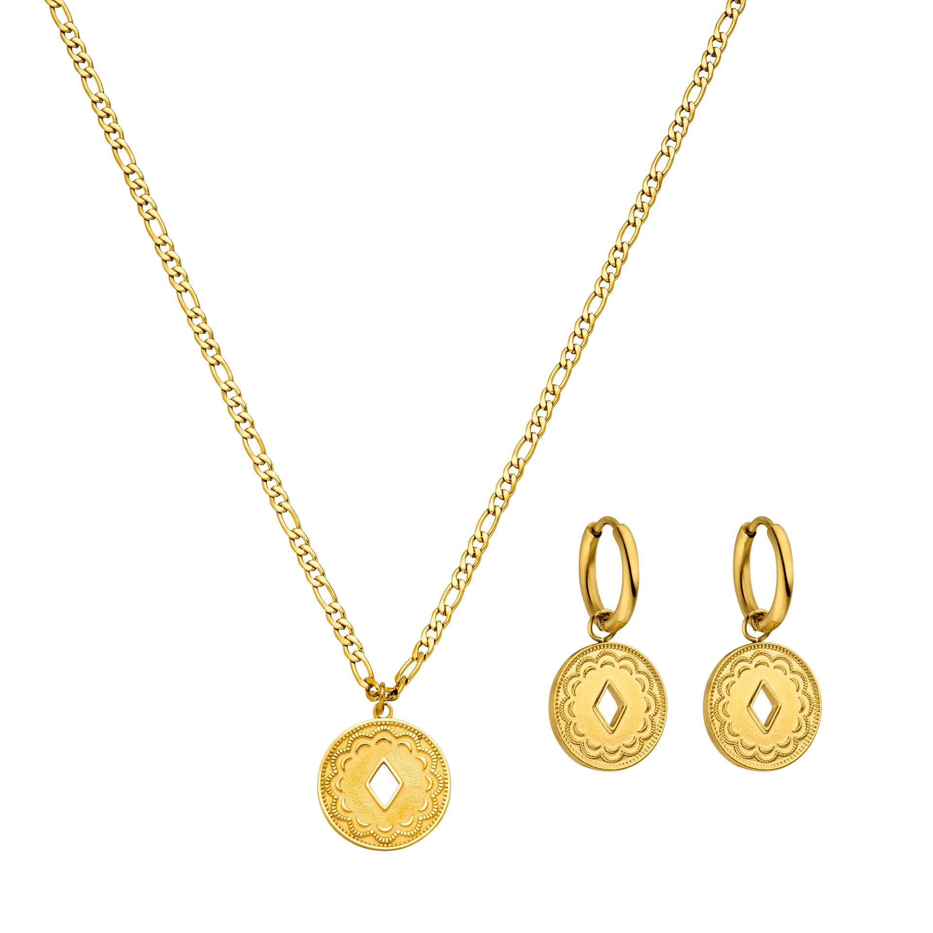 Goldene Kette und Ohrringe mit filigranem Design von PURELEI, elegant und feminin.