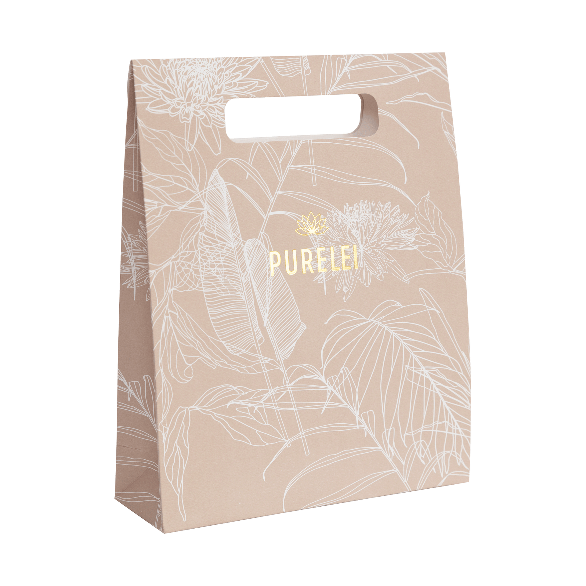 Beige Tragetasche mit floralem Design und PURELEI-Logo in Gold